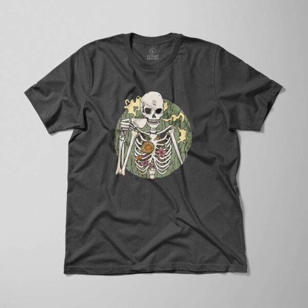 T-shirt men skeleton-with-coffee USED BLACK 01 T-shirt męski ze szkieletem pijącym kawę