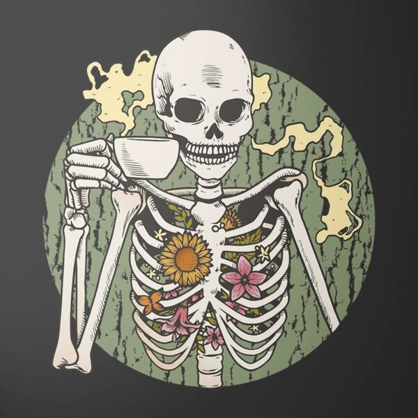 T-shirt men skeleton-with-coffee USED BLACK 02 T-shirt męski ze szkieletem pijącym kawę