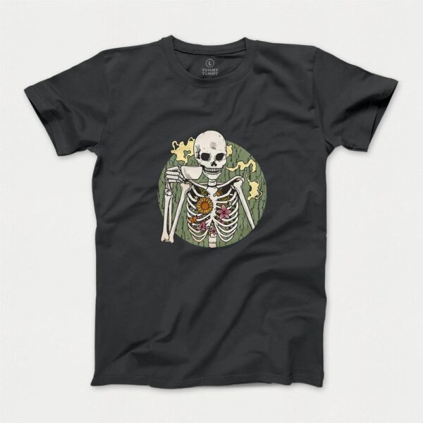 T-shirt men skeleton-with-coffee USED BLACK T-shirt męski ze szkieletem pijącym kawę